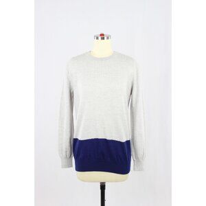 MARKUS LUPFER Grey Blue Colorblock 100% Merino Knit Crew Neck Sweater, Size M